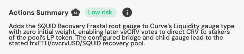 Convex’s Actions Summary shows a low-risk Proposal Trace review of a Curve gauge proposal.