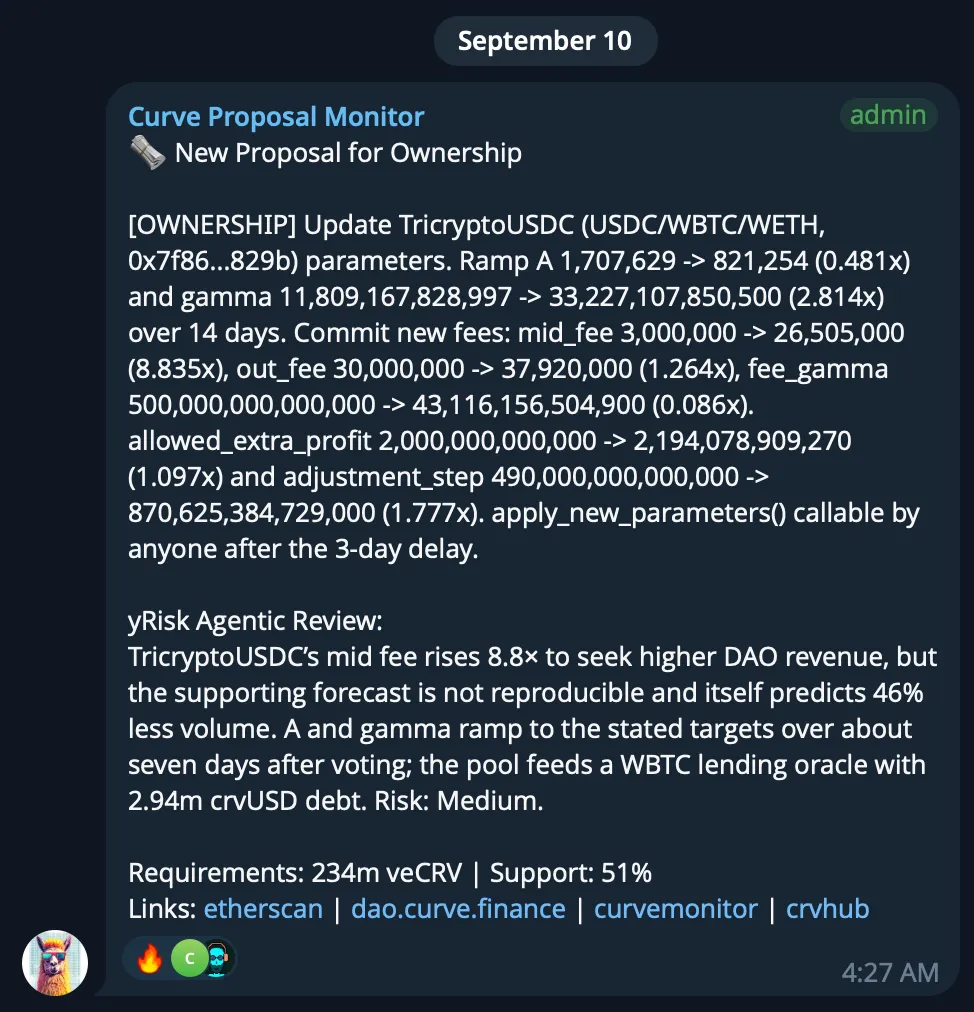 Curve Proposal Monitor includes a yRisk Agentic Review and medium-risk assessment in its TricryptoUSDC proposal alert.
